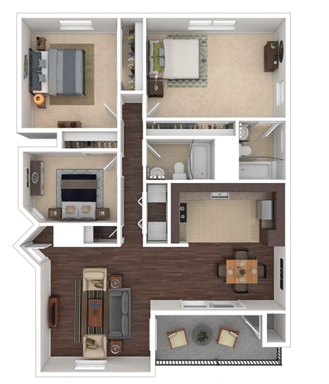 Floor plan for 3 beds, 2 baths, 1087 sqft